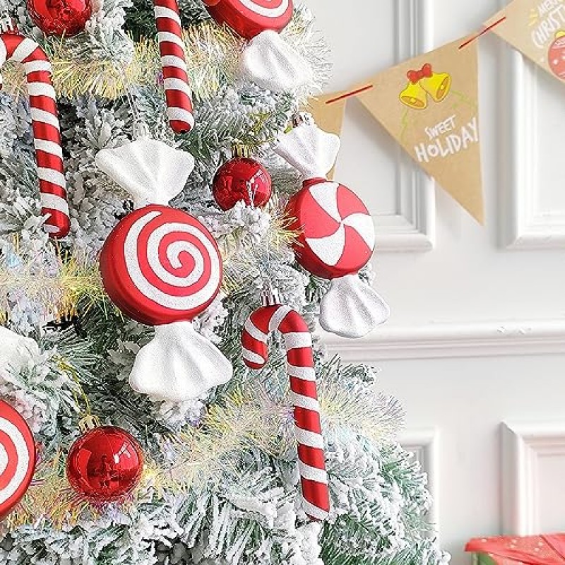 크리스마스 트리 장식, 빨간색과 흰색 6.5 인치 모듬 된 모양에 대 한 12Pcs 크리스마스 사탕 지팡이 롤리팝 장식품 크리스마스 새 해 휴일 축제 홈 파티 장식에 대 한 리본으로 장식 매달려