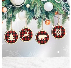 Sheroll 12 조각 크리스마스 트리 나무 장식 장식 버팔로 격자 무늬 크리스마스 장식 레드 블랙 매달려 장식품 나무 눈송이 사슴 홈 휴일 크리스마스 파티를위한 로프와 소박한 나무 조각