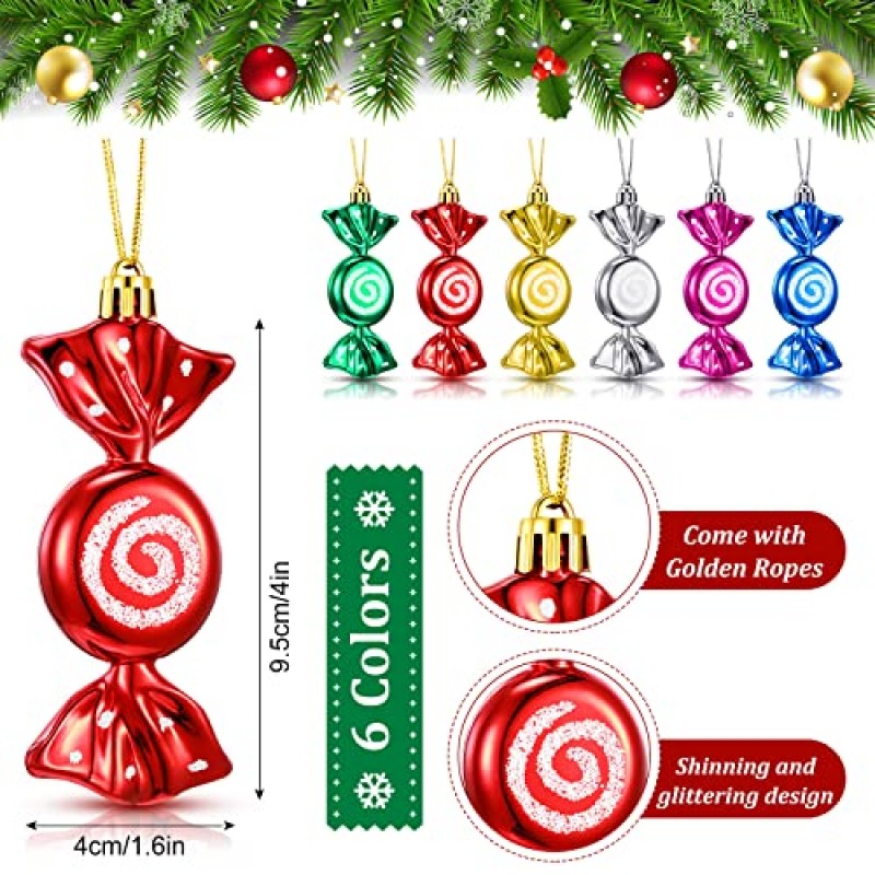 24 조각 사탕 지팡이 장식품 크리스마스 박하 사탕 장식 반짝이 크리스마스 트리 홈 파티 장식 (빨간색과 흰색, 원형 스타일)에 대 한 황금 밧줄으로 크리스마스 트리 장식을 매달려