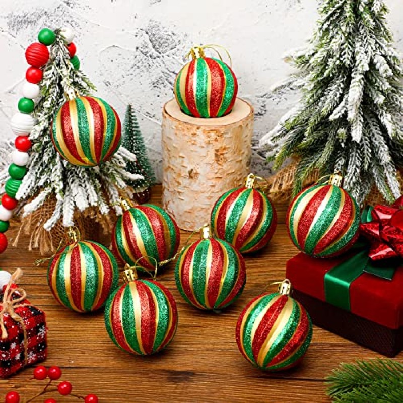 Spiareal 12 조각 크리스마스 공 장식품 반짝이 빈티지 스타일 공 크리스마스 소용돌이 장식 나무 홈 장식, 빨간색 녹색 및 금, 2.4 인치에 매달려