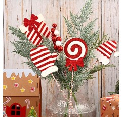 크리스마스 트리는 크리스마스 트리 장식을 위한 대형 크리스마스 추천 및 스프레이를 선택합니다. 산타 모자 장갑 사탕 지팡이 베리 선물 상자 크리스마스 트리 토퍼 파티 장식을 위한 줄무늬 반짝이 추천(10개)