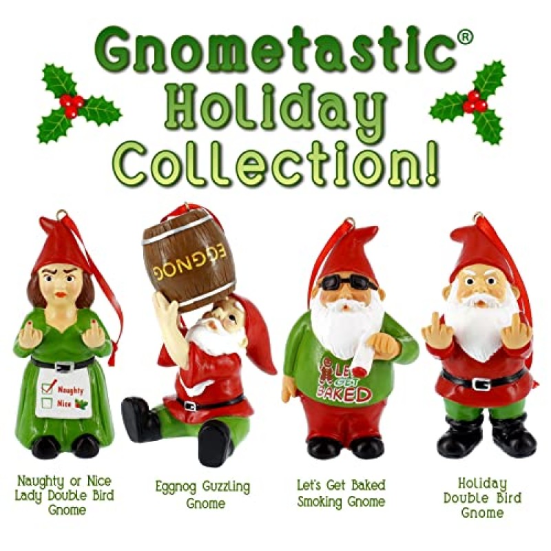 Gnometastic Holiday Double Bird Gnome 장식품, 3.5 인치 - 나무 및 휴일 홈 장식을 위한 부적절하고 재미있는 크리스마스 장식품