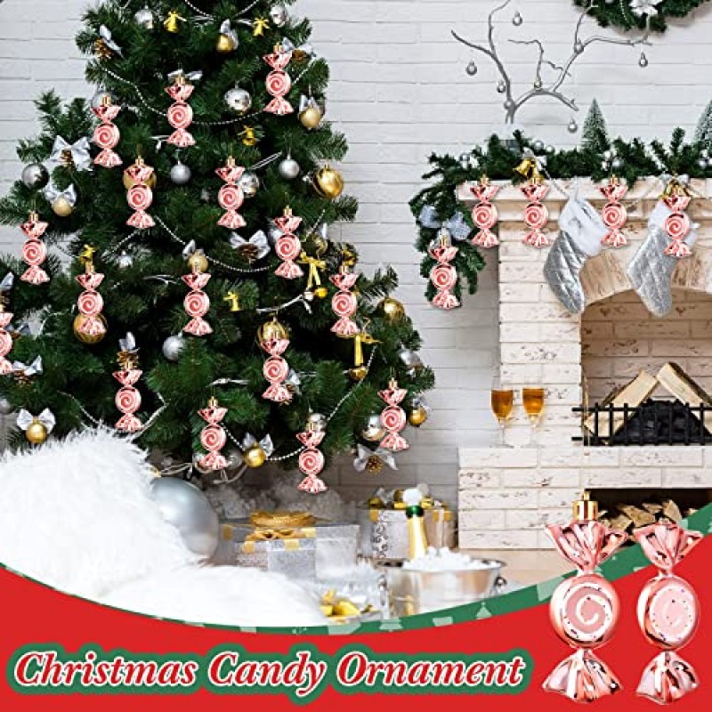 Civaner 24 Pcs 크리스마스 사탕 장식품 사탕 지팡이 크리스마스 트리 반짝이 장식품 플라스틱 박하 사탕 소용돌이 로즈 골드, 화이트