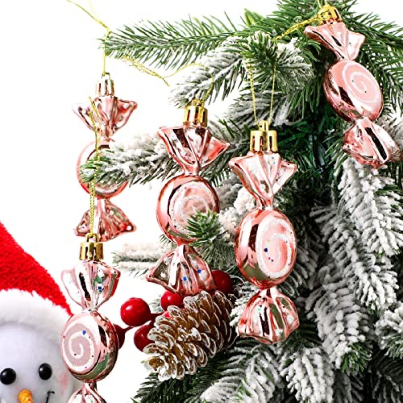 Civaner 24 Pcs 크리스마스 사탕 장식품 사탕 지팡이 크리스마스 트리 반짝이 장식품 플라스틱 박하 사탕 소용돌이 로즈 골드, 화이트
