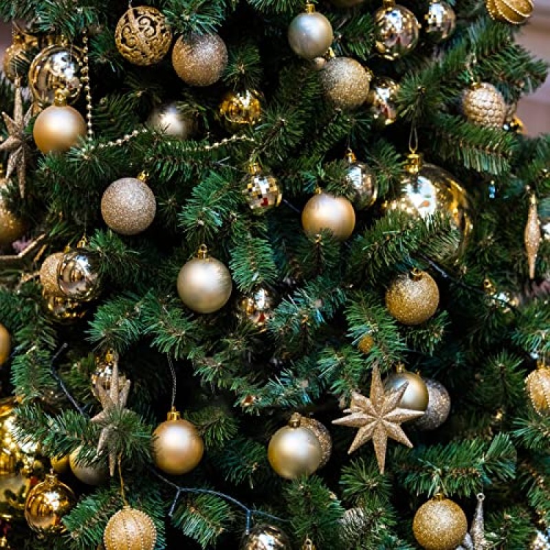 NJN 100개 크리스마스 공 장식품, 비산 방지 크리스마스 장식품 세트, 크리스마스 트리용 휴대용 선물 패키지 포함(골드)