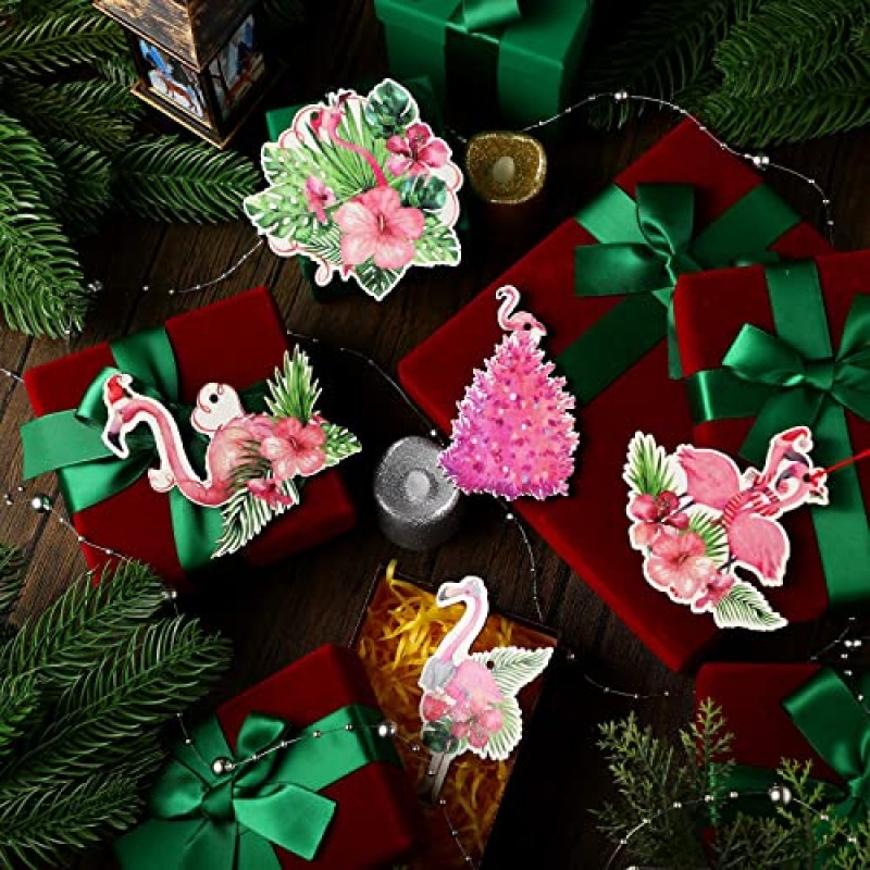 Qunclay 24 Pcs 핑크 플라밍고 크리스마스 장식 나무 교수형 핑크 플라밍고 장식 크리스마스 트리 홈 장식 파티 결혼식, 12 스타일에 대 한 산타 모자에 재미 있은 장식 플라밍고 장식품