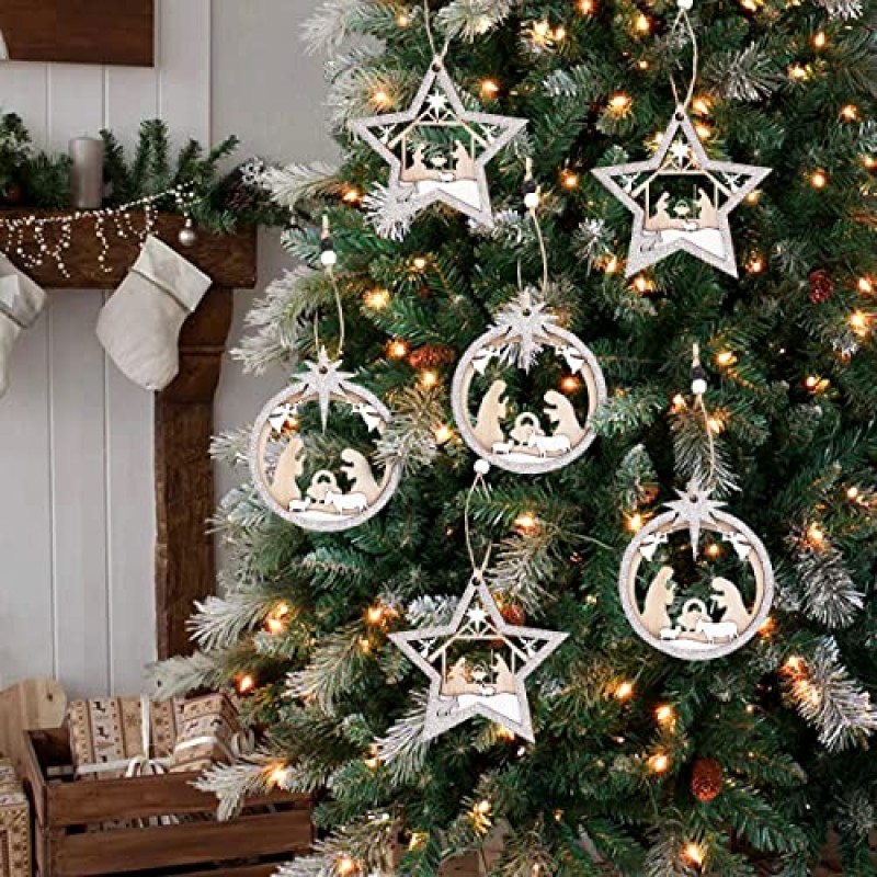 Treory 크리스마스 장식 실내 성탄 장면 장식품, 6 세트 나무 기독교 나무 장식품, 3층 은색 흰색 조각 ​​나무 예수 장식의 탄생, 가정용 종교 크리스마스 장식