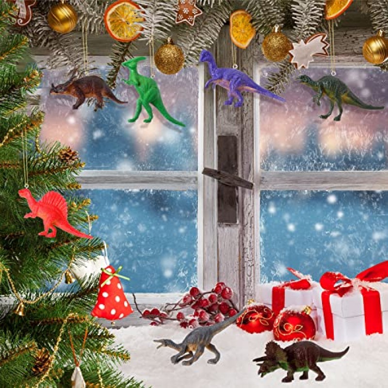 24 Pcs 크리스마스 공룡 장식 공룡 크리스마스 장식 모듬 된 플라스틱 크리스마스 트리 장식품 어린이를위한 크리스마스 장식 매달려 장식품 소년 소녀 유아 재미 있은 파티 장식
