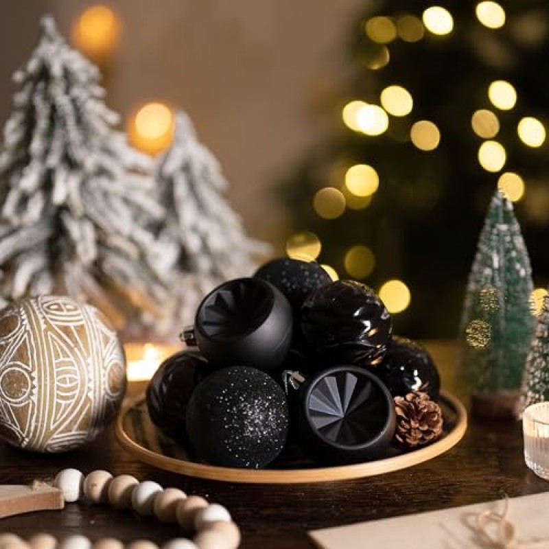 Valery Madelyn 크리스마스 할로윈 트리 장식품, 24ct 블랙 비산 방지 크리스마스 공 장식 세트, 2.36 인치 크리스마스 휴일 파티 장식을위한 현대 교수형 트리 장식 대량