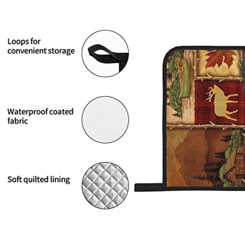 Msacrh Lodge 스타일 노스우드 캐빈 오븐 미트 및 냄비 홀더 4개 세트, 주방, 요리, 베이킹, 그릴용 폴리에스테르 미끄럼 방지 바베큐 장갑이 포함된 저항성 핫 패드