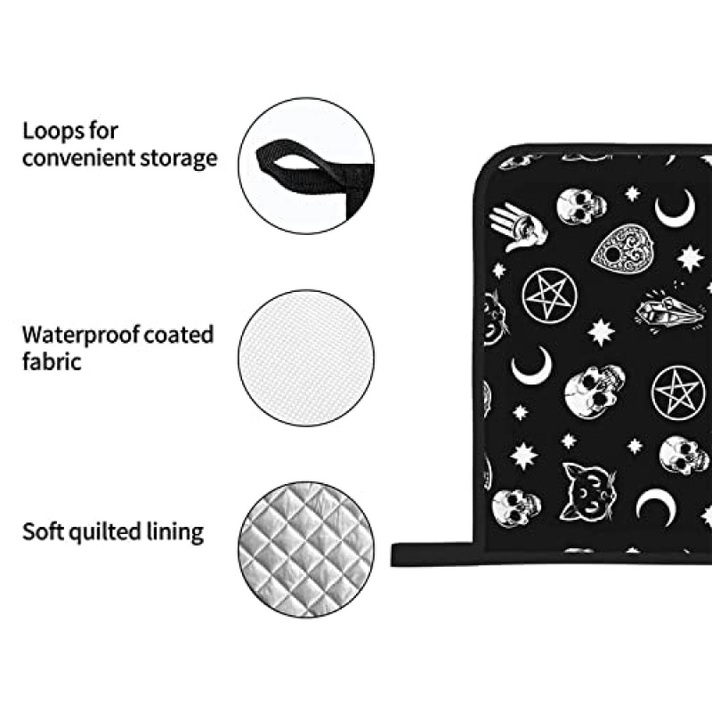 해골 고양이 달 고딕 오븐 장갑과 냄비 홀더 세트, 내열성 미끄럼 방지 주방 장갑 바베큐 베이킹 굽고 요리를위한 내부 면층이있는 핫 패드