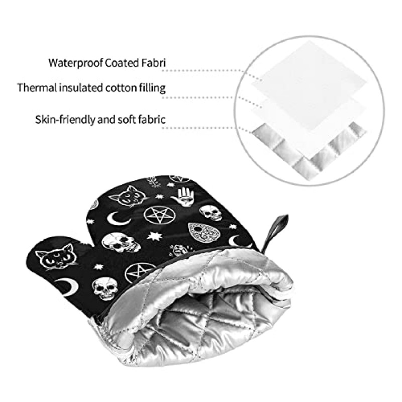 해골 고양이 달 고딕 오븐 장갑과 냄비 홀더 세트, 내열성 미끄럼 방지 주방 장갑 바베큐 베이킹 굽고 요리를위한 내부 면층이있는 핫 패드