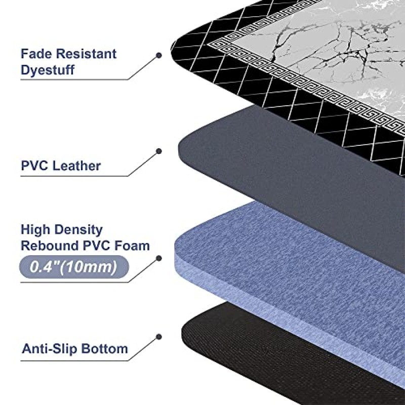 대리석 주방 매트 EMMTEEY 쿠션 방지 피로 방지 2개 세트 주방 바닥용 매트 세탁실 싱크대용 미끄럼 방지 방수 PVC 메모리 폼 매트 17.3