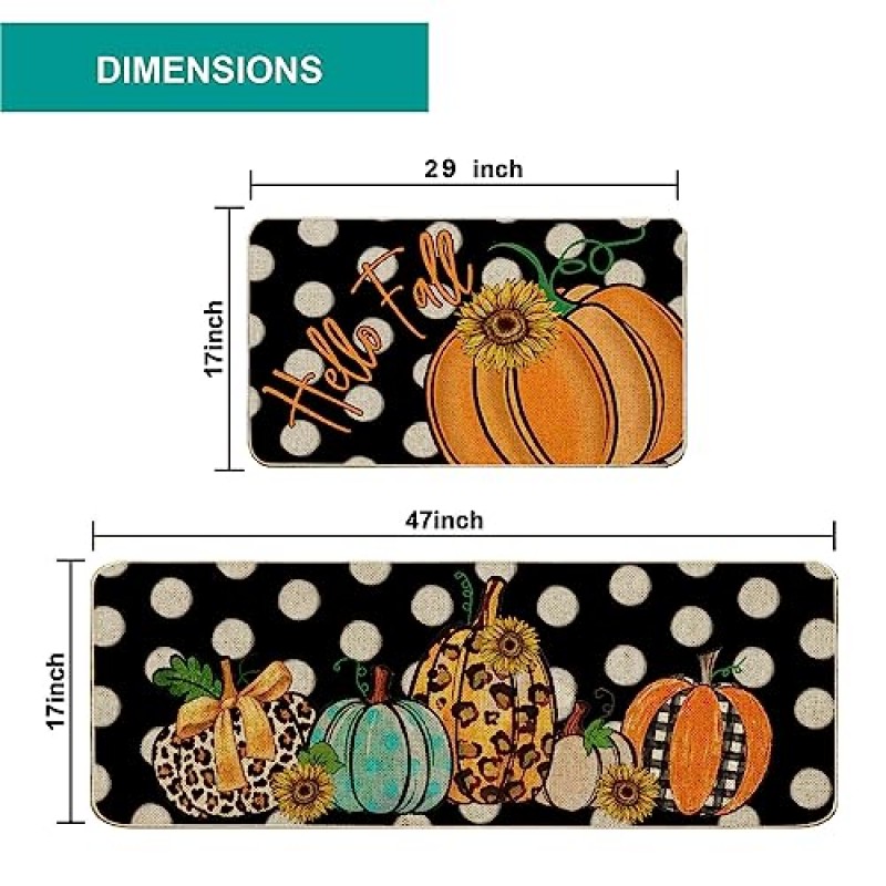 Baccessor 가을 호박 주방 매트 2 개 세트, 추수 감사절 가을 수확 폴카 도트 표범 호박 로우 프로파일 바닥 매트 17x29 및 17x47 인치 홈 계절 가을 휴가 장식