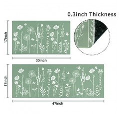 세이지 그린 주방 매트 러그 2 식물 꽃 나비 주방 러그 세트 러너 주방 장식 액세서리 물건, 주방 러그 매트- 가정용 주방 대형 17x30 및 17x47 인치 용 러그 잎