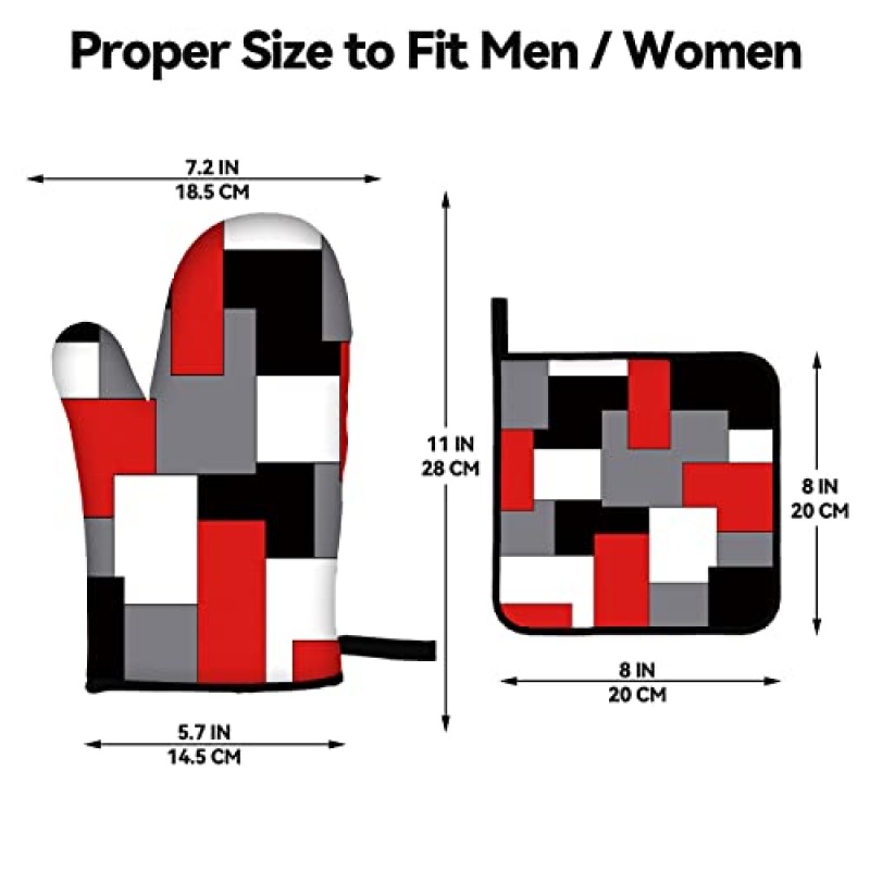 레드 블랙 그레이 화이트 오븐 장갑과 냄비 홀더 주방 베이킹 요리 그릴용 기하학 오븐 장갑 4개 세트(빨간색)