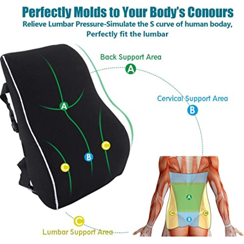 사무실 의자용 요추 지지 베개 자동차, 컴퓨터, 게임 의자, 안락 의자용 등받이 베개 통증 완화를 위한 메모리 폼 등받이 쿠션 자세 개선, 메쉬 커버 이중 조절 가능 스트랩