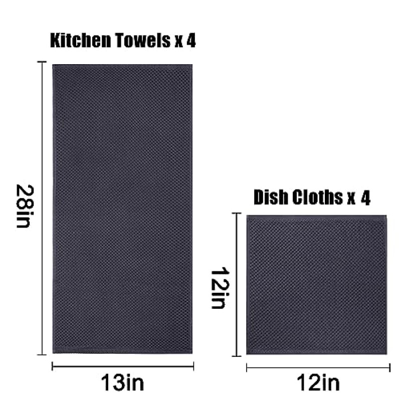 Homaxy 100% 면 주방 수건 및 행주 세트, 12 x 12인치 및 13 x 28인치, 대량 주방 수건 세트 8개 세트, 설거지용 매우 부드러운 흡수성 접시 수건, 진한 회색