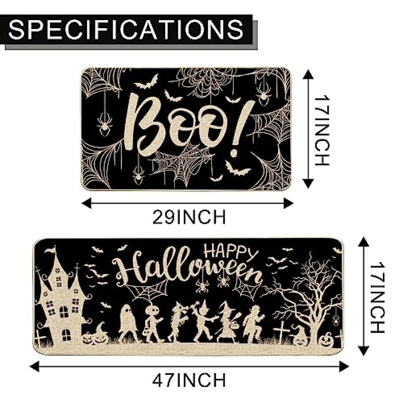 할로윈 주방 매트 2개 세트, 해피 할로윈 주방 러그 및 매트, 부 블랙 스파이더 웹 매트 바닥용 주방 ​​장식 매트, 장식 할로윈 주방 장식 17x29인치-17x47인치