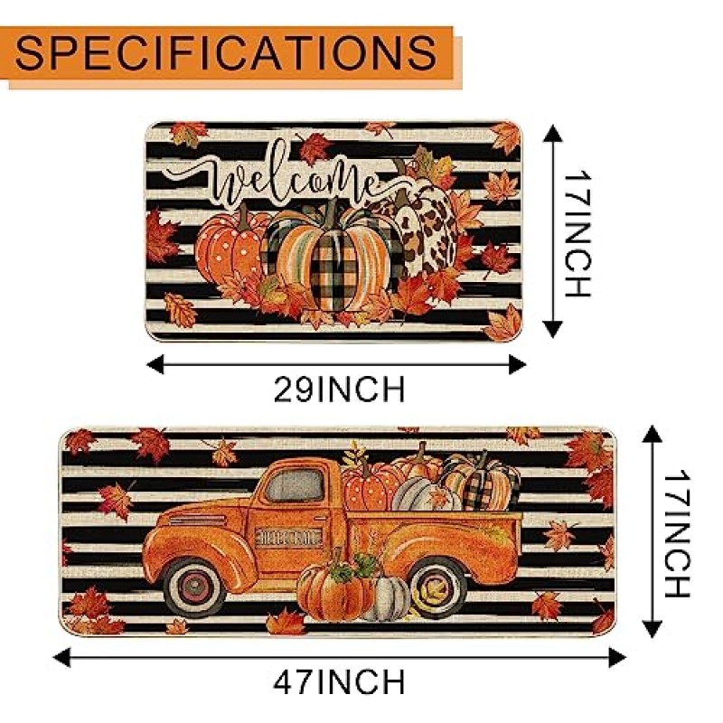 가을 주방 매트 2피스, 가을 주방 러그 및 매트, 농가 주방 장식, 바닥, 욕실, 가정용 장식용 미끄럼 방지 세탁 가능 주방 가을 장식용 호박 트럭 줄무늬 환영 매트