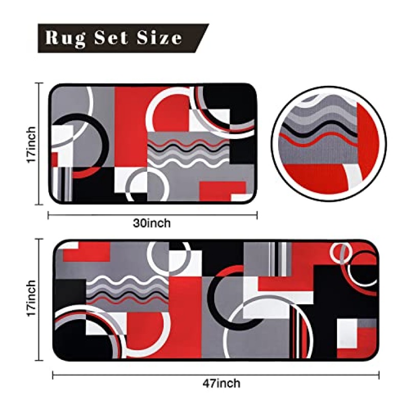 레드 블랙 그레이 화이트 주방 러그 2개 세트, 현대 추상 주방 바닥 매트 러그 카펫 - 기하학적 블랙 화이트 레드 주방 장식 및 액세서리 홈 장식 - 17x30 및 17x47 인치