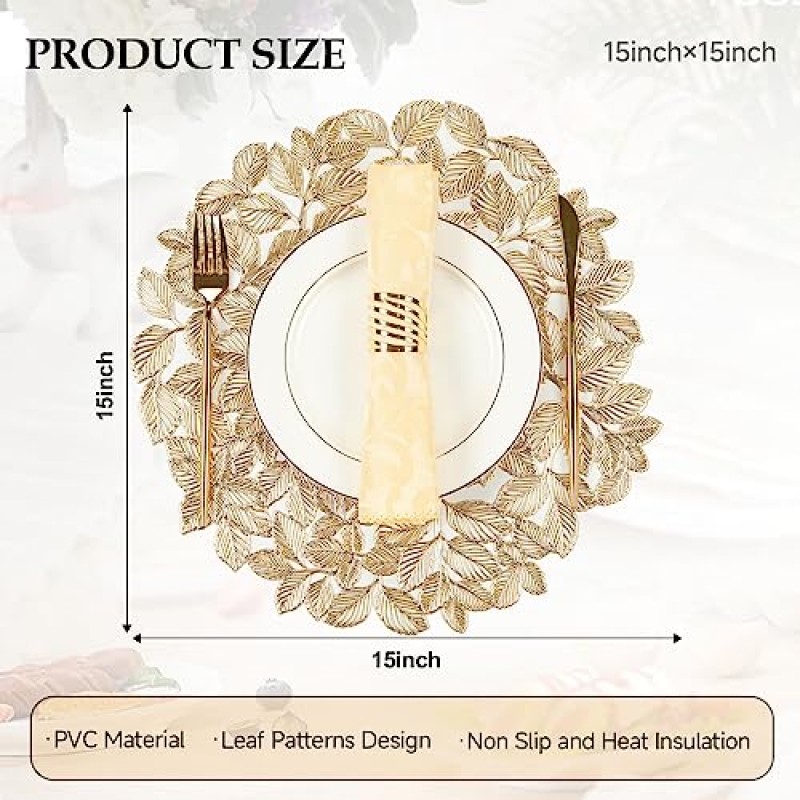 Maffily Leaf 골드 플레이스 매트 벌크 프레스 비닐 플레이스 매트 세탁 가능하고 닦을 수 있는 라운드 플레이스 매트 다이닝 테이블 주방 장식용 미끄럼 방지 금속 장식 테이블 매트 6개 세트