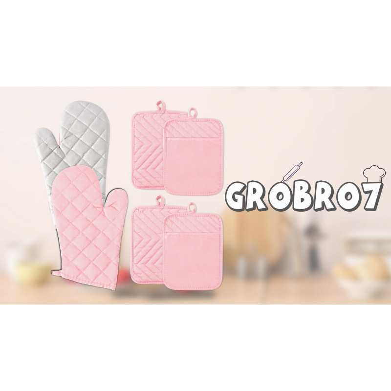 GROBRO7 6Pcs 면 오븐 미트 및 냄비 홀더 세트 내열성 핫 패드 내구성이 뛰어난 포켓 냄비 홀더 기계 안전한 주방 베이킹 요리 그릴링 핑크를 위한 걸이 루프가 있는 세척 ​​가능한 바베큐 장갑