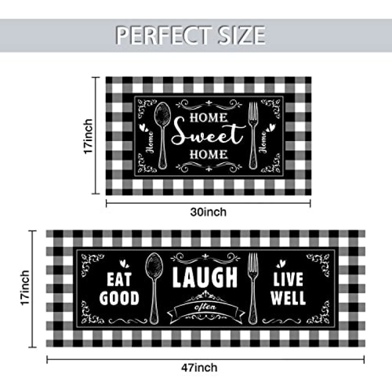 DOZARMOTA 흑백 주방 러그 2피스 세트, 버팔로 격자 무늬 주방 장식, 미끄럼 방지 세탁 가능 주방 러그 및 바닥 매트, 주방 싱크대, 세탁실 스탠딩 매트 17