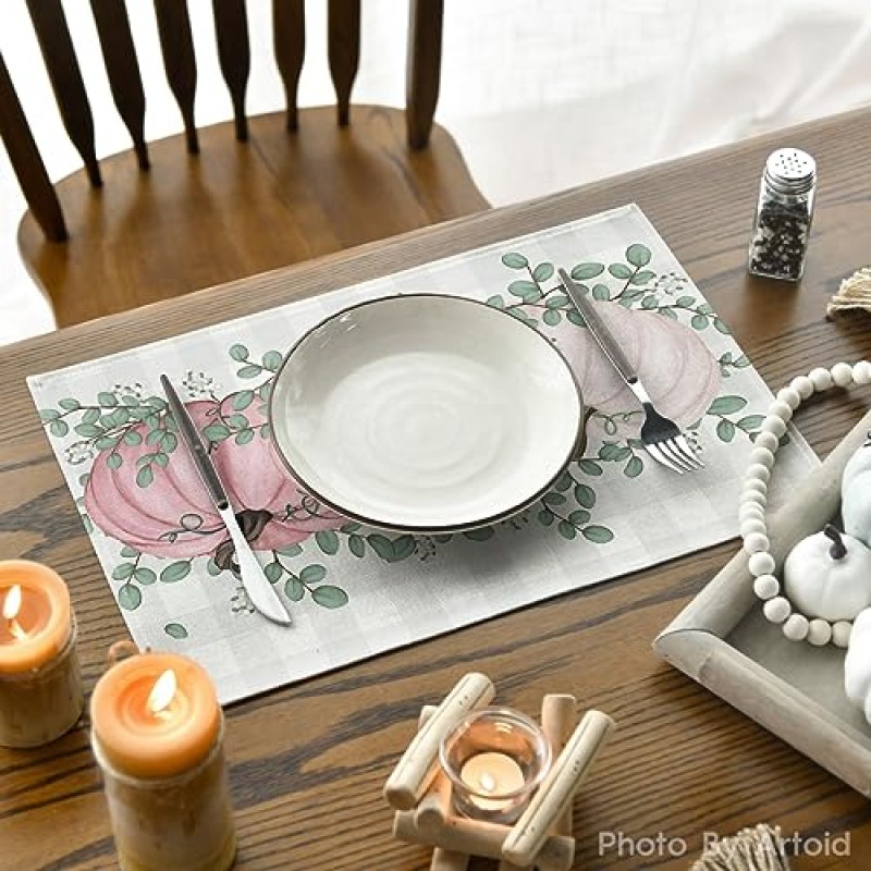 Artoid 모드 버팔로 격자 무늬 핑크 호박 유칼립투스 가을 Placemats 파티 주방 식사 장식을위한 4, 12x18 인치 가을 추수 감사절 테이블 매트 세트