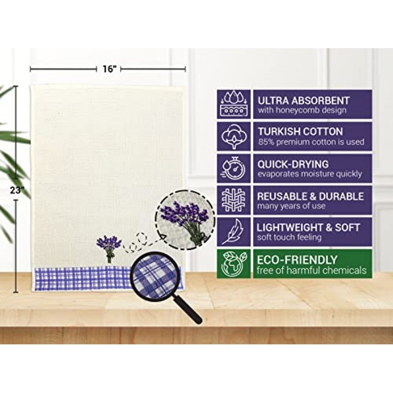 라비앙 홈, 주방용 행주 라벤더 자수 흡수성 및 부드러운 터키산 면 와플 직조(4개 세트), 격자무늬 보호 농가 장식 16 x 23인치