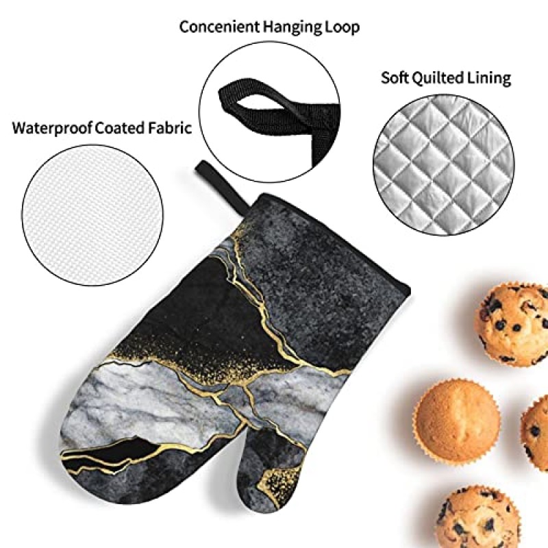 오븐 장갑 및 냄비 홀더 검은 대리석 금 균열 주방 냄비 홀더 장갑 4개 세트 요리사 베이킹 요리 그릴 바베큐 장갑을 위한 내열성 미끄럼 방지