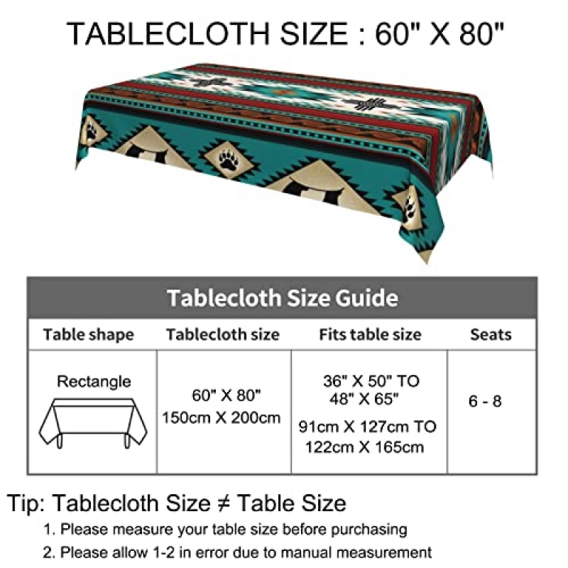 Juisticeville 서부 남서부 식탁보 청록색 보호 아즈텍 농가 기본 직사각형 테이블 천으로 주방 장식 파티 60X80 청록색 방수 민족 소박한 책상 커버