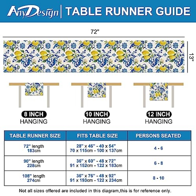AnyDesign 레몬 테이블 러너 여름 블루 타일 레몬 주방 식탁 장식 이탈리아 레몬 테이블 커버 실내 옥외 홈 파티 용품, 13 x 72 인치