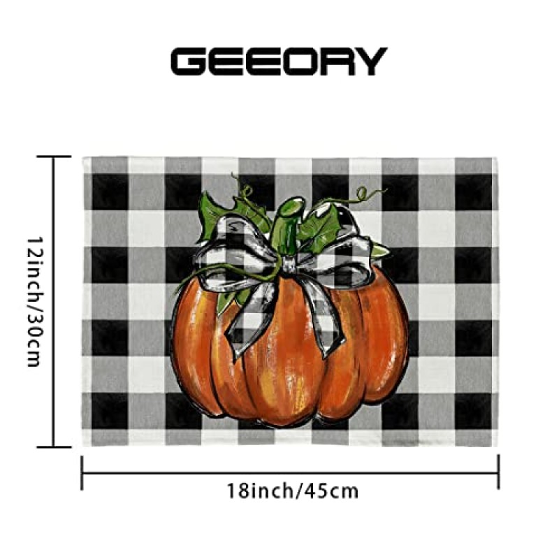 GEEORY 가을 플레이스매트, 12x18인치 버팔로 격자 무늬 체크 호박 테이블 장식 4개 세트 주방 다이닝, 실내 및 실외 디너 파티(오렌지 호박) GP085-18