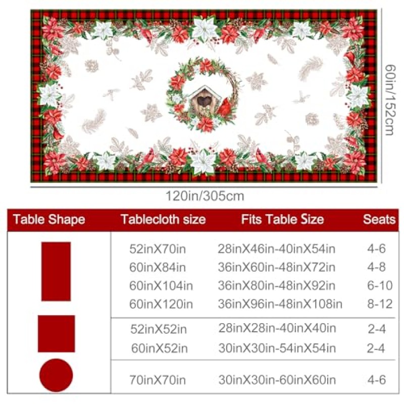 Cusugbaso 크리스마스 식탁보 60x120인치 - 가정용 크리스마스 파티 장식 - 직사각형 테이블용 크리스마스 테이블 천 휴일 추기경 크리스마스 버팔로 격자 무늬 주방, 테이블용 크리스마스 장식