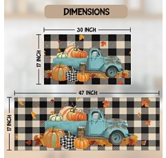 Xsinufn 가을 주방 러그 및 매트 2개 세트, 가을 주방 장식 농가 바닥 러그 미끄럼 방지 흡수성 세탁 가능, 가을 추수 감사절 버팔로 격자 무늬 수채화 트럭 러그 - 17x30 및 17x47 인치