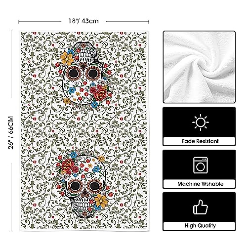 Artoid 모드 설탕 해골 꽃 잎 죽은 자의 날 주방 타월 접시 타월, 18x26 인치 할로윈 계절 장식 핸드 타월 2 개 세트