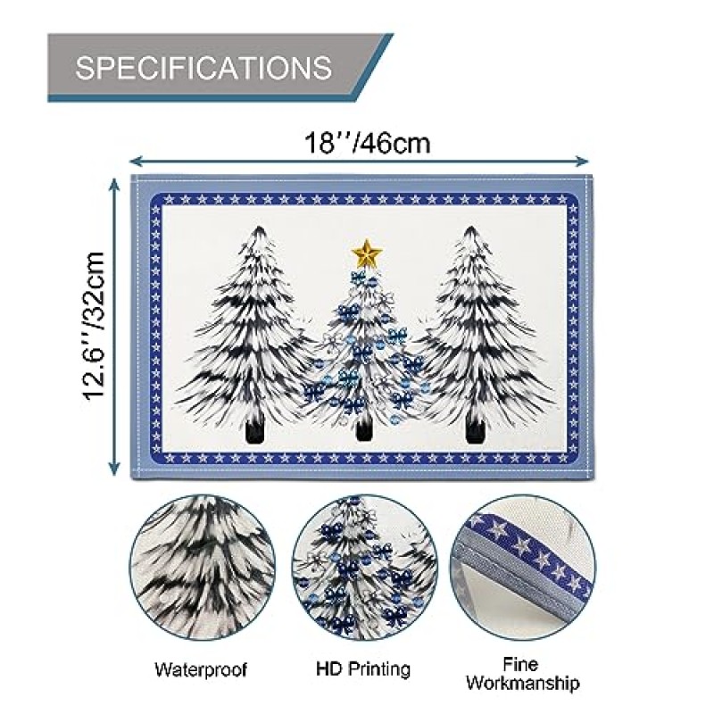 WHOMEAF 크리스마스 소나무 플레이스 매트 삼베 빨 수있는 겨울 계절 크리스마스 삼나무 장소 매트 메리 크리스마스 포인세티아 화환 장식 주방 식탁 센터 홈 파티 휴일 12x18 인치
