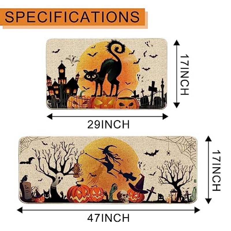할로윈 주방 매트 러그, 할로윈 주방 장식, 할로윈 장식 실내 주방, 주방 러그 미끄럼 방지 세탁 가능 2개, 17x29 & 17x47인치 세트