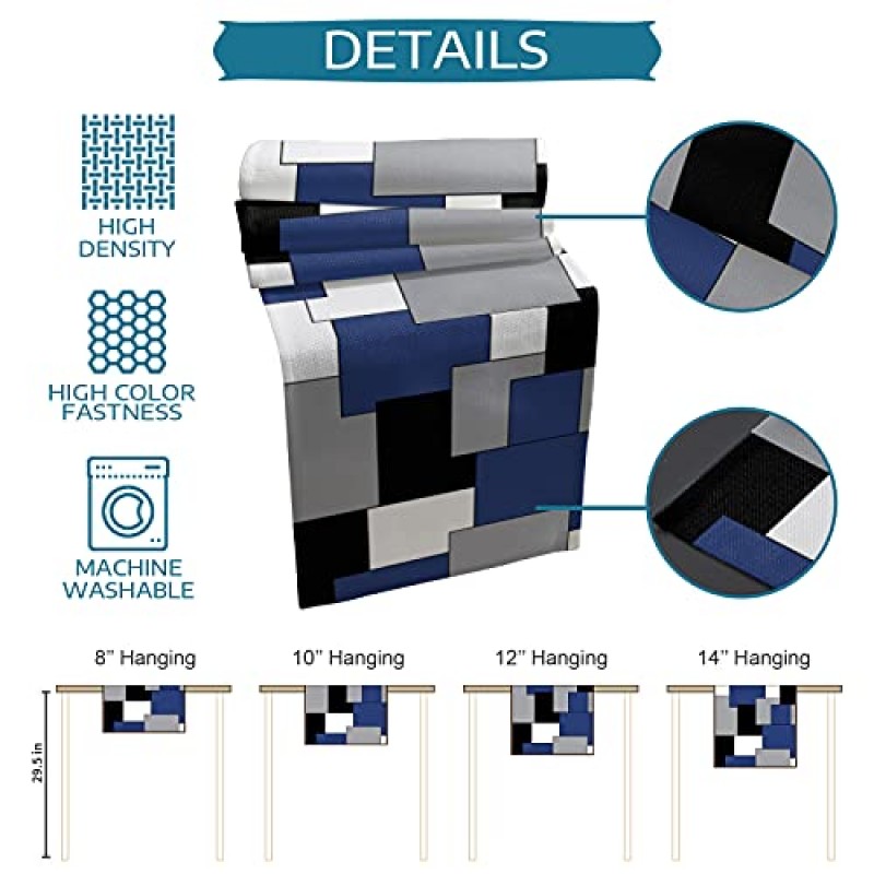 컬러 블록 테이블 러너 13x70인치 길이, 미끄럼 방지 코튼 린넨 테이블 Runenrs, 부엌 휴일 파티 홈 장식을 위한 직사각형 탁상 장식 추상 기하학 네이비 블루 블랙 그레이 패치워크