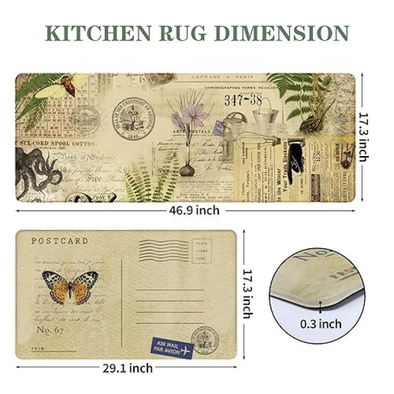 Serwrsw 빈티지 영국 주방 러그 미끄럼 방지 세트 2개, 쿠션형 피로 방지 주방 매트 바닥 2피스, 베이지색 러너 러그 미끄럼 방지 세척 가능