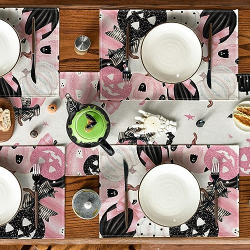 Artoid 모드 핑크 잭-오-랜턴 할로윈 Placemats 4, 12x18 인치 가을 호박 테이블 매트 파티 주방 식사 장식 세트