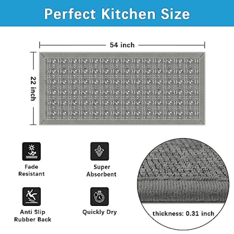 부엌 바닥용 미끄럼 방지 매트, 긴 주방 매트 기계 세척 가능 바닥용 버팔로 격자 무늬 주방 러그, 부엌 바닥용 부드러운 회색 주방 매트 쿠션 주방 매트, 54인치x22인치