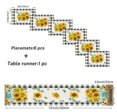 해바라기 테이블 러너 및 플레이스매트 6개 세트, 블랙 화이트 버팔로 격자 무늬 꽃 꽃 다이닝 테이블 장식(길이 72인치 테이블 러너 1개 및 플레이스 매트 6개)