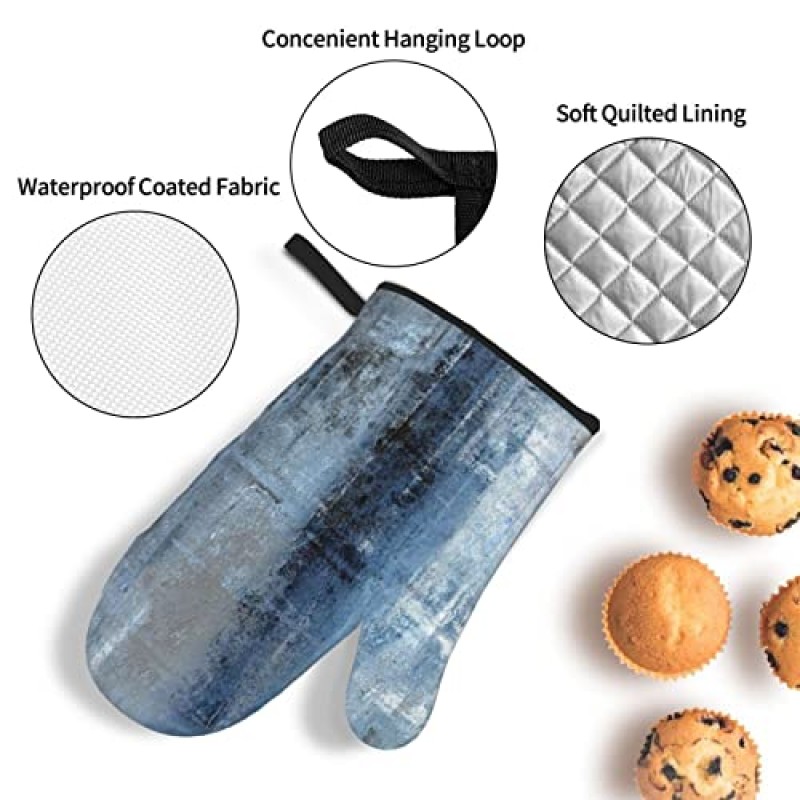 파란색과 회색 추상 미술 오븐 장갑 및 냄비 홀더 폴리에스테르 고내열 오븐 장갑 4개 세트 오븐 장갑 및 핫 패드 주방용 바베큐 미끄럼 방지 요리 장갑용 냄비 홀더