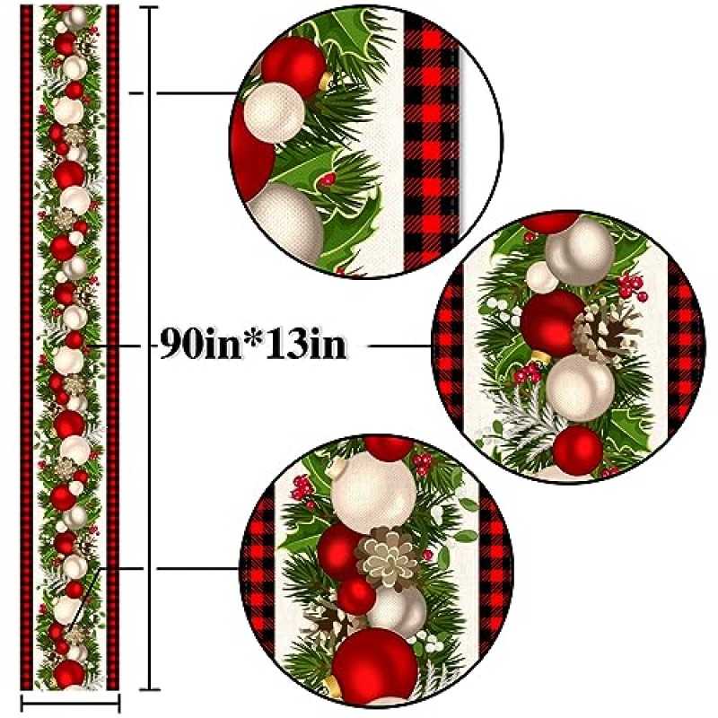 Nepnuser 검정과 빨강 버팔로 체크 격자 무늬 크리스마스 테이블 러너 90 인치 긴 계절 겨울 크리스마스 파티 장식 휴일 홈 주방 다이닝 룸 장식