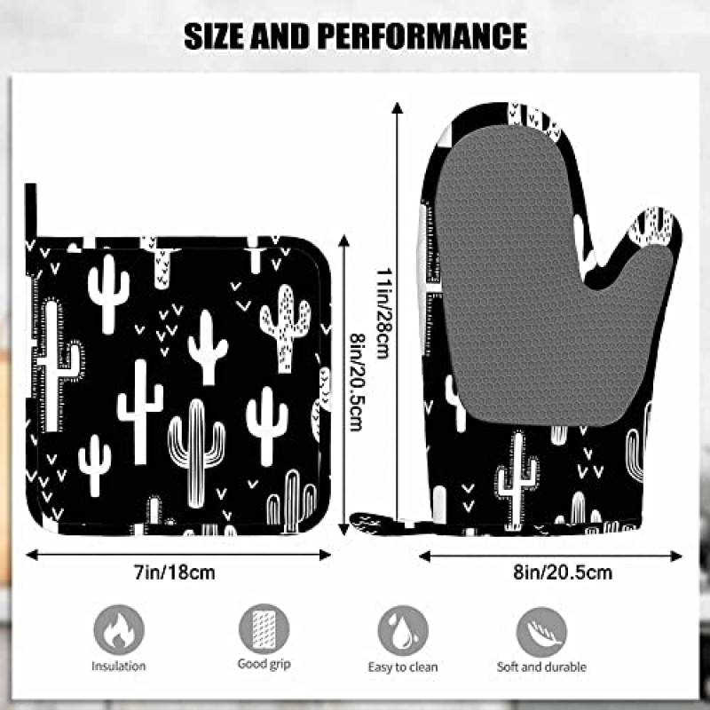 Mxocom 서양 선인장 실리콘 오븐 미트 및 냄비 홀더 세트 재미있는 서양 선인장 원활한 반복 벽지 타일 - 주방, 요리, 베이킹, 그릴용 흑백 단색 바베큐 장갑