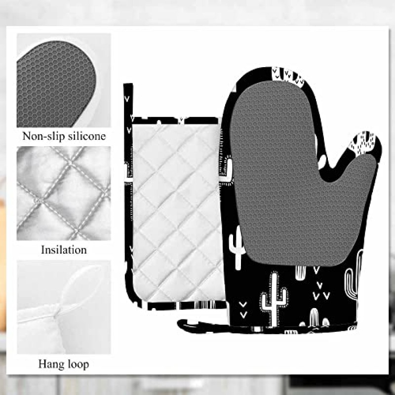 Mxocom 서양 선인장 실리콘 오븐 미트 및 냄비 홀더 세트 재미있는 서양 선인장 원활한 반복 벽지 타일 - 주방, 요리, 베이킹, 그릴용 흑백 단색 바베큐 장갑
