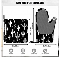 Mxocom 서양 선인장 실리콘 오븐 미트 및 냄비 홀더 세트 재미있는 서양 선인장 원활한 반복 벽지 타일 - 주방, 요리, 베이킹, 그릴용 흑백 단색 바베큐 장갑
