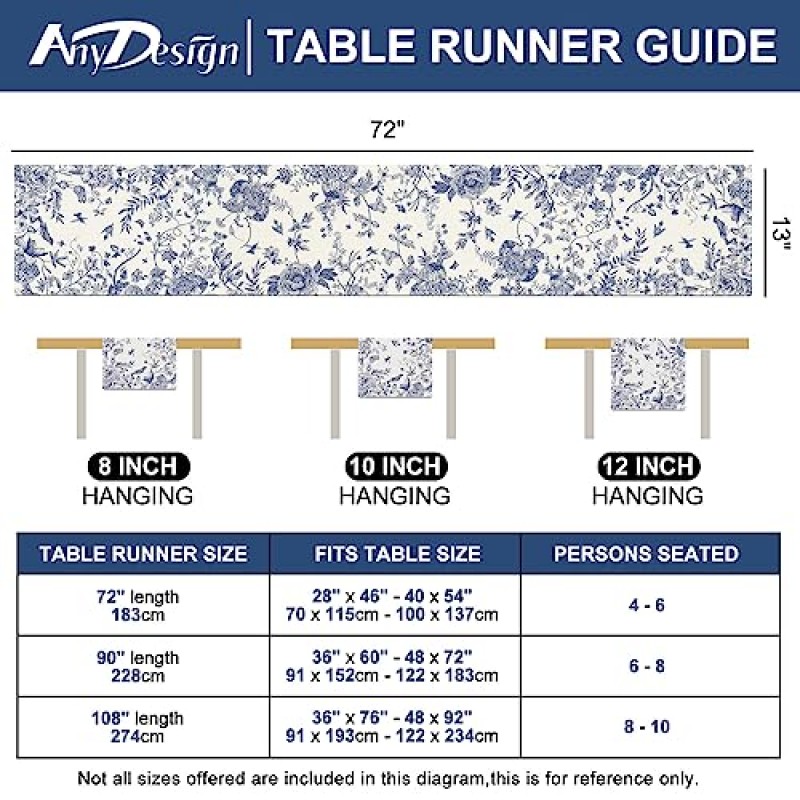 AnyDesign 파란색과 흰색 테이블 러너 13x72 인치 단색 스케치 새 꽃 테이블 커버 복고풍 꽃 주방 식탁 장식 홈 파티 레스토랑 장식 용품